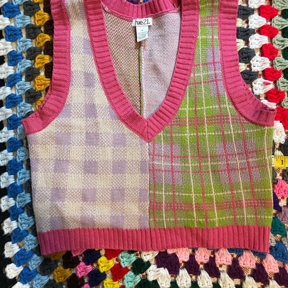 Pink and Green Plaid Knit sweater vest